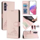 For Samsung Galax S23 FE 5G Cat Rat Embossed Pattern RFID PU Phone Case with Wrist Strap(Pink) - 1