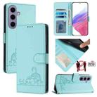 For Samsung Galax S24 5G Cat Rat Embossed Pattern RFID PU Phone Case with Wrist Strap(Mint Green) - 1