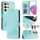 For Samsung Galax S24 Ultra 5G Cat Rat Embossed Pattern RFID PU Phone Case with Wrist Strap(Mint Green) - 1