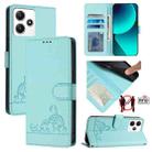 For Xiaomi Redmi 12 4G Global Cat Rat Embossed Pattern RFID PU Phone Case with Wrist Strap(Mint Green) - 1