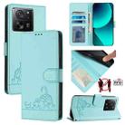 For Xiaomi 13T Pro 5G Global Cat Rat Embossed Pattern RFID PU Phone Case with Wrist Strap(Mint Green) - 1