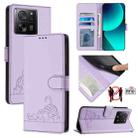 For Xiaomi 13T Pro 5G Global Cat Rat Embossed Pattern RFID PU Phone Case with Wrist Strap(Purple) - 1