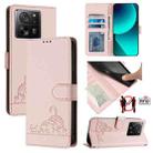 For Xiaomi 13T 5G Global Cat Rat Embossed Pattern RFID PU Phone Case with Wrist Strap(Pink) - 1