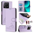 For Xiaomi 13T 5G Global Cat Rat Embossed Pattern RFID PU Phone Case with Wrist Strap(Purple) - 1