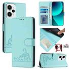 For Xiaomi Redmi Note 12 Turbo 5G Cat Rat Embossed Pattern RFID PU Phone Case with Wrist Strap(Mint Green) - 1