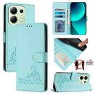 For Xiaomi Redmi Note 13 4G Global Cat Rat Embossed Pattern RFID PU Phone Case with Wrist Strap(Mint Green) - 1