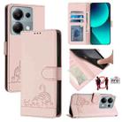 For Xiaomi Redmi Note 13 Pro 4G Global Cat Rat Embossed Pattern RFID PU Phone Case with Wrist Strap(Pink) - 1