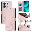 For Xiaomi Redmi Note 13 Pro 5G Global Cat Rat Embossed Pattern RFID PU Phone Case with Wrist Strap(Pink) - 1