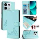 For Xiaomi POCO X6 5G Global Cat Rat Embossed Pattern RFID PU Phone Case with Wrist Strap(Mint Green) - 1