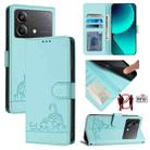 For Xiaomi POCO  X6 Neo 5G Global Cat Rat Embossed Pattern RFID PU Phone Case with Wrist Strap(Mint Green) - 1