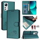 For Xiaomi 12S Cat Rat Embossed Pattern RFID PU Phone Case with Wrist Strap(Peacock Green) - 1