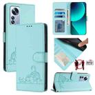 For Xiaomi 12 Pro Cat Rat Embossed Pattern RFID PU Phone Case with Wrist Strap(Mint Green) - 1
