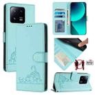 For Xiaomi 13 Pro Cat Rat Embossed Pattern RFID PU Phone Case with Wrist Strap(Mint Green) - 1