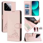 For Xiaomi 14 Cat Rat Embossed Pattern RFID PU Phone Case with Wrist Strap(Pink) - 1