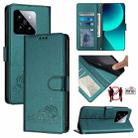 For Xiaomi 14 Cat Rat Embossed Pattern RFID PU Phone Case with Wrist Strap(Peacock Green) - 1