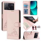 For Xiaomi Poco X6 Pro Cat Rat Embossed Pattern RFID PU Phone Case with Wrist Strap(Pink) - 1