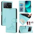 For Xiaomi Redmi K70E Cat Rat Embossed Pattern RFID PU Phone Case with Wrist Strap(Mint Green) - 1
