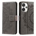 For Xiaomi Poco F6 Totem Flower Embossed Leather Phone Case with Lanyard(Grey) - 1