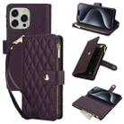 For iPhone 15 Pro Max YM016 Rhombic Zipper Card Wallet Leather Phone Case with Lanyard(Dark Purple) - 1