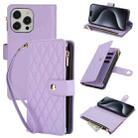 For iPhone 15 Pro Max YM016 Rhombic Zipper Card Wallet Leather Phone Case with Lanyard(Light Purple) - 1