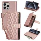 For iPhone 15 Pro Max YM016 Rhombic Zipper Card Wallet Leather Phone Case with Lanyard(Rose Gold) - 1