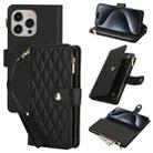 For iPhone 15 Pro Max YM016 Rhombic Zipper Card Wallet Leather Phone Case with Lanyard(Black) - 1