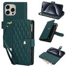 For iPhone 15 Pro YM016 Rhombic Zipper Card Wallet Leather Phone Case with Lanyard(Green) - 1