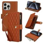For iPhone 15 Pro YM016 Rhombic Zipper Card Wallet Leather Phone Case with Lanyard(Brown) - 1