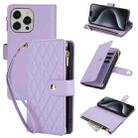 For iPhone 15 Pro YM016 Rhombic Zipper Card Wallet Leather Phone Case with Lanyard(Light Purple) - 1