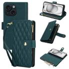 For iPhone 15 Plus YM016 Rhombic Zipper Card Wallet Leather Phone Case with Lanyard(Green) - 1