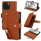 For iPhone 15 Plus YM016 Rhombic Zipper Card Wallet Leather Phone Case with Lanyard(Brown) - 1