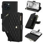 For iPhone 15 Plus YM016 Rhombic Zipper Card Wallet Leather Phone Case with Lanyard(Black) - 1