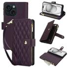 For iPhone 15 YM016 Rhombic Zipper Card Wallet Leather Phone Case with Lanyard(Dark Purple) - 1