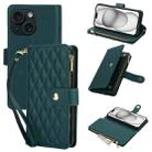 For iPhone 15 YM016 Rhombic Zipper Card Wallet Leather Phone Case with Lanyard(Green) - 1