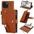 For iPhone 15 YM016 Rhombic Zipper Card Wallet Leather Phone Case with Lanyard(Brown) - 1