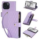 For iPhone 15 YM016 Rhombic Zipper Card Wallet Leather Phone Case with Lanyard(Light Purple) - 1