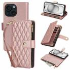 For iPhone 15 YM016 Rhombic Zipper Card Wallet Leather Phone Case with Lanyard(Rose Gold) - 1