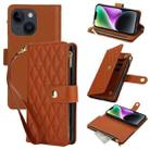 For iPhone 14 YM016 Rhombic Zipper Card Wallet Leather Phone Case with Lanyard(Brown) - 1