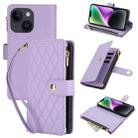 For iPhone 14 YM016 Rhombic Zipper Card Wallet Leather Phone Case with Lanyard(Light Purple) - 1