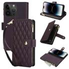 For iPhone 14 Pro YM016 Rhombic Zipper Card Wallet Leather Phone Case with Lanyard(Dark Purple) - 1