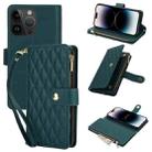 For iPhone 14 Pro YM016 Rhombic Zipper Card Wallet Leather Phone Case with Lanyard(Green) - 1