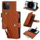 For iPhone 14 Pro YM016 Rhombic Zipper Card Wallet Leather Phone Case with Lanyard(Brown) - 1