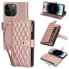 For iPhone 14 Pro YM016 Rhombic Zipper Card Wallet Leather Phone Case with Lanyard(Rose Gold) - 1