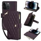 For iPhone 14 Pro Max YM016 Rhombic Zipper Card Wallet Leather Phone Case with Lanyard(Dark Purple) - 1