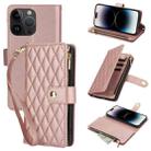 For iPhone 14 Pro Max YM016 Rhombic Zipper Card Wallet Leather Phone Case with Lanyard(Rose Gold) - 1