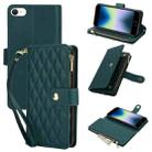 For iPhone SE 2022 / SE 2020 / 8 YM016 Rhombic Zipper Card Wallet Leather Phone Case with Lanyard(Green) - 1