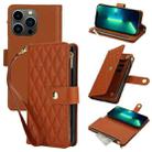 For iPhone 13 Pro Max YM016 Rhombic Zipper Card Wallet Leather Phone Case with Lanyard(Brown) - 1