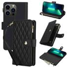 For iPhone 13 Pro Max YM016 Rhombic Zipper Card Wallet Leather Phone Case with Lanyard(Black) - 1