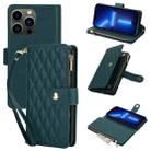 For iPhone 13 Pro YM016 Rhombic Zipper Card Wallet Leather Phone Case with Lanyard(Green) - 1