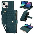For iPhone 13 mini YM016 Rhombic Zipper Card Wallet Leather Phone Case with Lanyard(Green) - 1